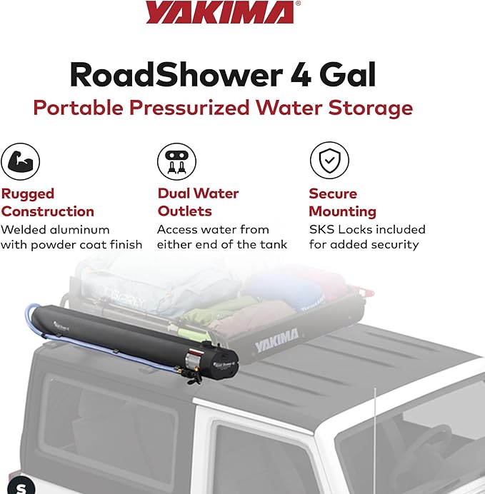 Yakima RoadShower Portable Aluminum Pressurized Water Storage with Garden Hose Adapter and 2 Outlet Water Ports