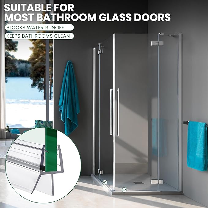 Shower Glass Door Bottom Seal, 2PCS 36 Inch Ultra Clear PVC Seal Strip with Sweep for 1/4"(6mm) Thick Frameless Glass Door, to Stop Water Leakage