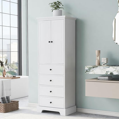Favfurish 68" Tall Bathroom Storage Cabinet with Doors and 4 Drawers,Modern Linen Cabinets w/Adjustable Shelves & Anti-Tipping Device,Freestanding Organizer for Bath Room,Study,Office,Kitchen White