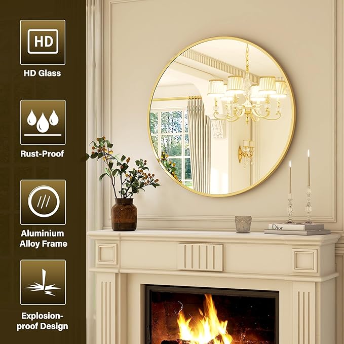 30 Inch Round Mirror - Circle Mirrors for Bathroom, Entryway and Living Room Wall Decor, Modern Hanging Vanity Mirror, Matte Gold Circle Decorative Wall Mirror