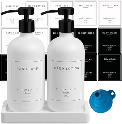 Kitchen Soap Dispenser - Hand and Dish Soap Dispenser Set, Bathroom Glass Soap and Lotion Dispenser with Pump, Tray, 14 Waterproof Labels, Set of 2 White Bottle/Black Pump-pd