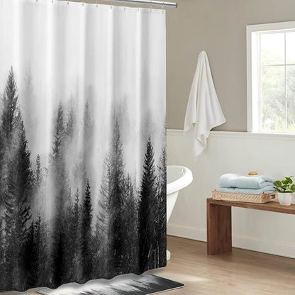 ORTIGIA Black and White Misty Forest Shower Curtain for Bathroom, Nature Woodland Curtain Set with Hooks, Decorative Pine Tree Fog Magic Bath Decor for Home Weighted, 72x72