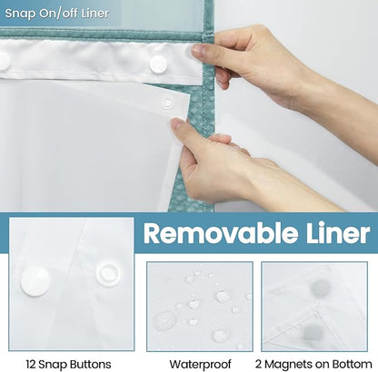 Teal Long No Hook Shower Curtain with Snap in Liner,230GSM Waffle Weave Shower Curtains for Bathroom,71W x 86H