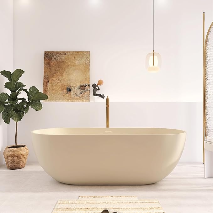 69" Premium Cream Stone Resin Solid Surface Free Standing Bathtub, Unique Matte Milk-Coffee Soaking Tub with Pop-up Drain