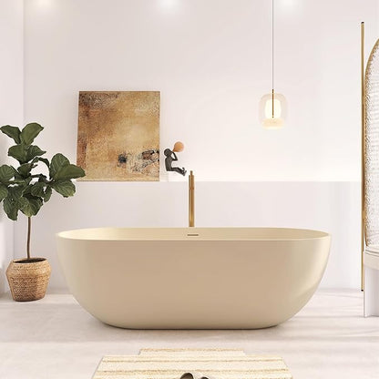 69" Premium Cream Stone Resin Solid Surface Free Standing Bathtub, Unique Matte Milk-Coffee Soaking Tub with Pop-up Drain