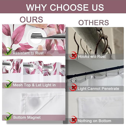 No Hook Shower Curtain and Liner Set, Dark Red Eucalyptus Floral Shower Curtains for Bathroom, Bath Curtain Sets with Snap in Liner, Waterproof with See Through Top Window, 71x77 Inches