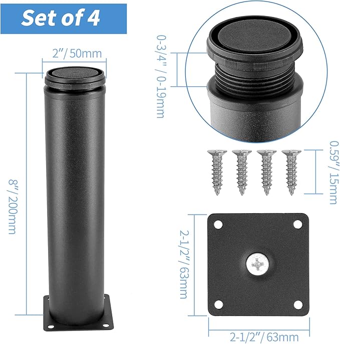 8 Inch Metal Furniture Legs Stainless Steel Adjustable Legs Black Metal Legs Round Cabinet Legs for Coffee Table Cabinet Desk Sofa Shelves, Pack of 4