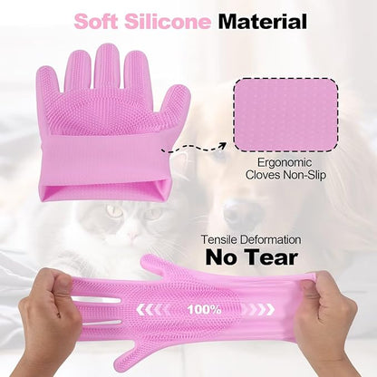 Pet Grooming Gloves and Brush Set, Dog and Cat Bath Scrubber Silicone Gloves Small