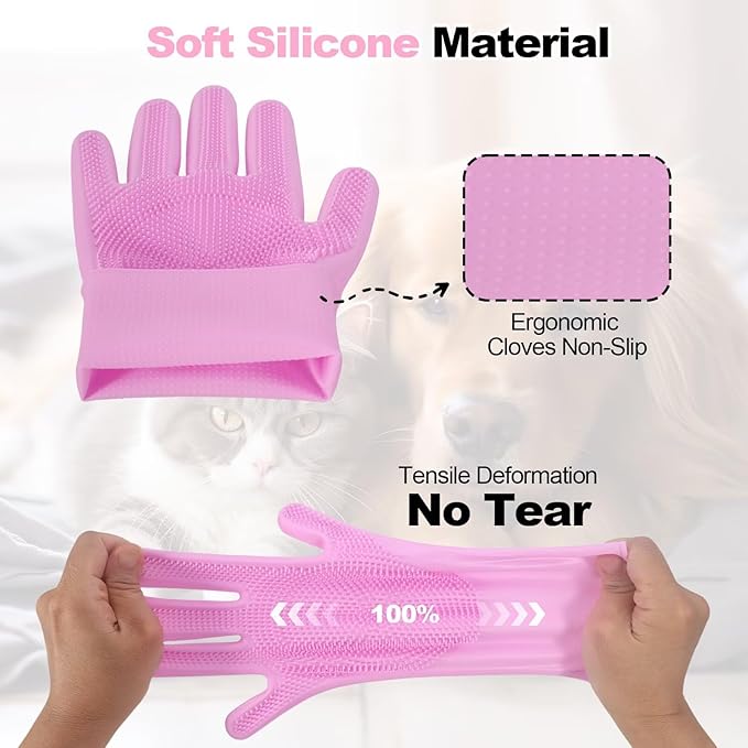 2-in-1 Pet Grooming Gloves and Brush,Dog and Cat Bath Scrubber Silicone Gloves Large
