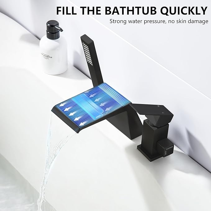 LIWEIKE Black Roman Tub Faucet with Sprayer, Deck Mount Roman Bathtub Faucet Set with Hand Shower for 3 Holes Single Handle Waterfall Tub Filler, Matte Black