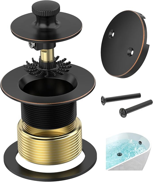 Oil Rubbed Bronze Bathtub Drain, Hair Catcher and 2-Hole Overflow Faceplate, 11.5/16 UNC, Lift and Turn Bathtub Drain Replacement, Tub Drain Stopper