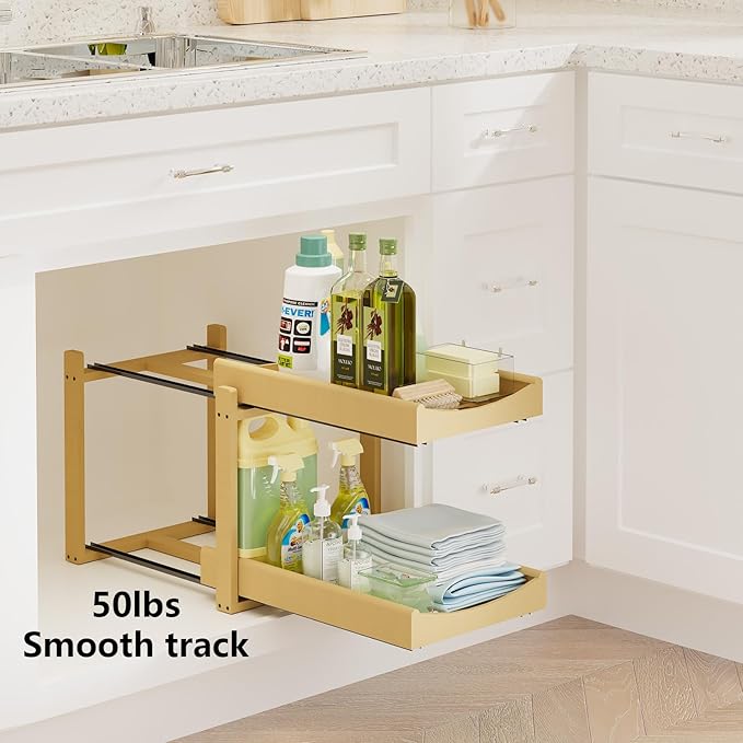 Bamboo Under Sink Organizer Adjustable Height 2 Tier Bathroom Organizer Pull Out Cabinet Storage Kitchen Heave Duty Wood Slide Ou Shelf for Kitchen Bathroom (Nature, 1 Pack)