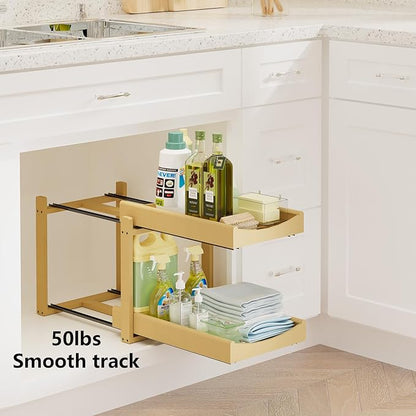 Bamboo Under Sink Organizer Adjustable Height 2 Tier Bathroom Organizer Pull Out Cabinet Storage Kitchen Heave Duty Wood Slide Ou Shelf for Kitchen Bathroom (Nature, 1 Pack)