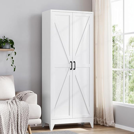 Yizosh Metal Storage Cabinet with Doors and 4 Adjustable Shelves - 75" White Kitchen Pantry Storage,4-Tier Tall Steel Cabinet Locker for Kitchen,Living Room,Dining Room