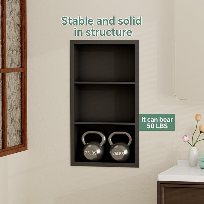 Stainless Steel Recessed Medicine Cabinet 14''*24'', Rust-Proof Metal Wall Niche, in Wall Shower Niche Shelf Insert Replacement, Recessed Medicine Cabinets for Drywall, Bathroom Storage, Black