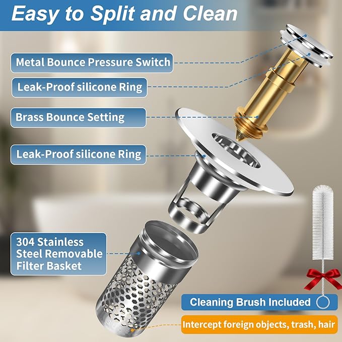 Bathroom Sink Stopper, Pop-up Bathroom Sink Drain Strainer Stopper with Removable Stainless Steel Strainer Filter Basket Hair Catcher, Sink Drain Stopper for Bathroom Sink Stopper Replacement (2PCS)