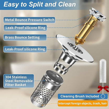 Bathroom Sink Stopper, Pop-up Bathroom Sink Drain Strainer Stopper with Removable Stainless Steel Strainer Filter Basket Hair Catcher, Sink Drain Stopper for Bathroom Sink Stopper Replacement (2PCS)