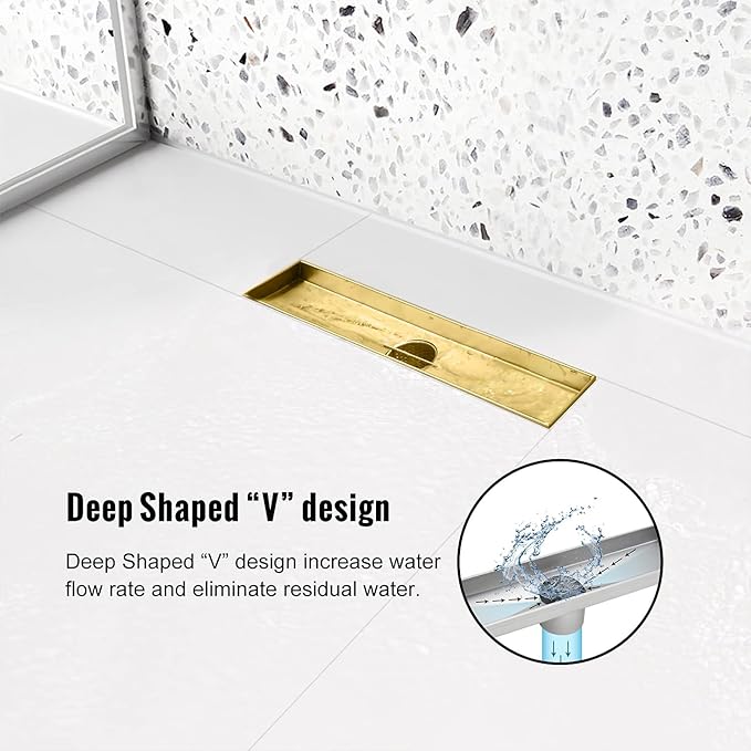 Linear Shower Drain, 12 inch Gold Drain with Tile Insert 2-in-1 Panel, Brushed 304 Stainless Steel Gold Shower Floor Drain, Linear Drain with Hair Strainer and Adjustable Feet