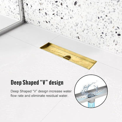 Linear Shower Drain, 12 inch Gold Drain with Tile Insert 2-in-1 Panel, Brushed 304 Stainless Steel Gold Shower Floor Drain, Linear Drain with Hair Strainer and Adjustable Feet
