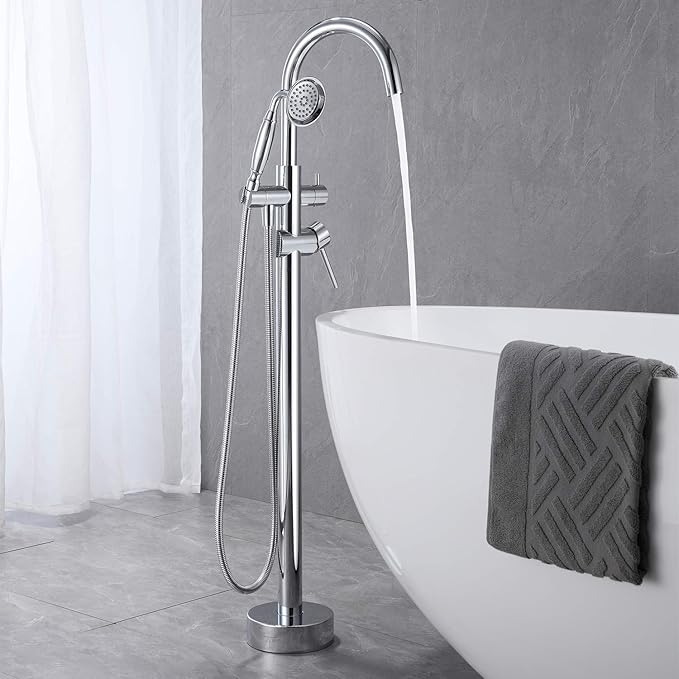 Tub Filler Freestanding Bathtub Faucet Chrome Floor Mounted Brass Bathroom Tub Faucets with Hand Shower