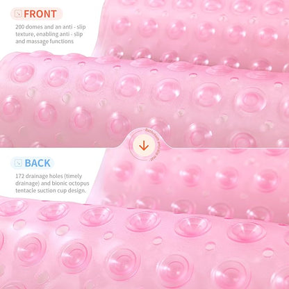 Anti-Slip Bathtub Shower mat, 39.3×15.7 inch（Approximately 100 × 40cm） Soft Oversized Machine Washable Non-Slip Bathtub mat with Drainage Holes, Bathroom Floor Suction Cup.（1-Clear Pink）