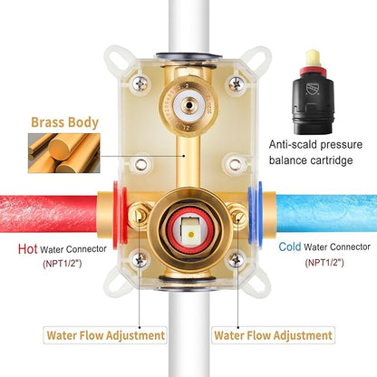 ESNBIA Shower Head System Gold, All Metal Ceiling Shower Faucet Set with Pressure Balance Valve Kit, 10 Inches Rain Head with Handheld Spray, Brushed Gold