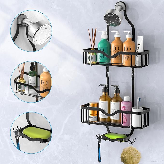 Kadolina Shower Caddy Hanging, Bathroom Organizer Rack, Shower Rack with Soap Dish, Over The Showerhead Caddy with Hooks for Razor/Sponge, Matte Black (Assembly Required)