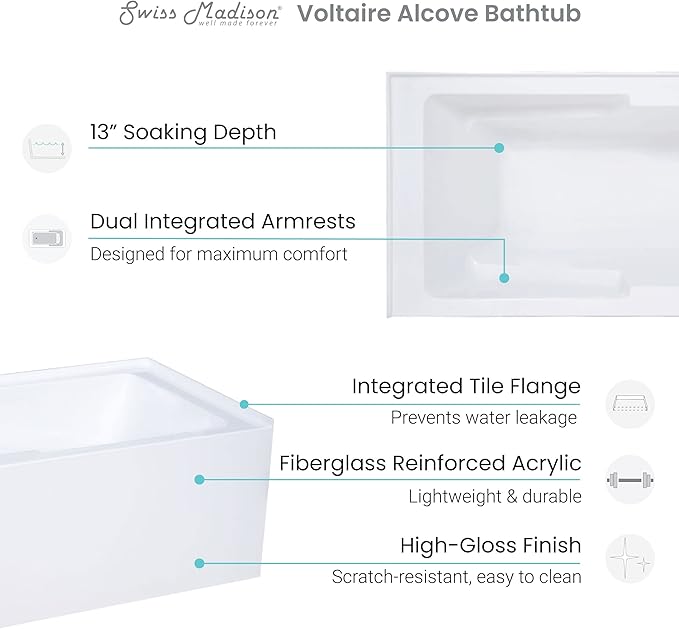 Swiss Madison Well Made Forever SM-AB540 Voltaire Alcove Tub with Armrest 60" x 30" in Glossy White