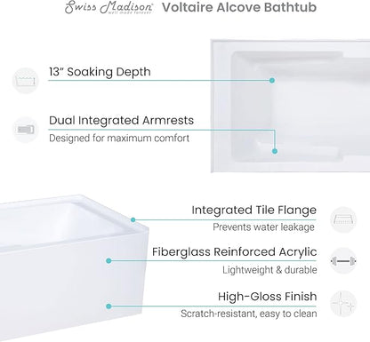 Swiss Madison Well Made Forever SM-AB540 Voltaire Alcove Tub with Armrest 60" x 30" in Glossy White