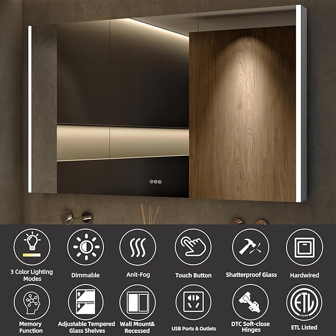 Medicine Cabinet with LED Lights and Mirror, 54 x 32 Inch Surface or Recessed Mounted Bathroom Cabinets with Door, Defogger, Memory Function, 3-Color Mode, Outlet&USB, Dimmer, Storage Shelf