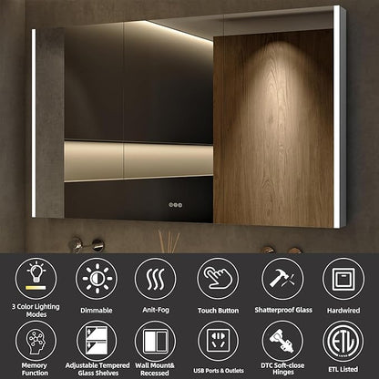 Medicine Cabinet with LED Lights and Mirror, 54 x 32 Inch Surface or Recessed Mounted Bathroom Cabinets with Door, Defogger, Memory Function, 3-Color Mode, Outlet&USB, Dimmer, Storage Shelf