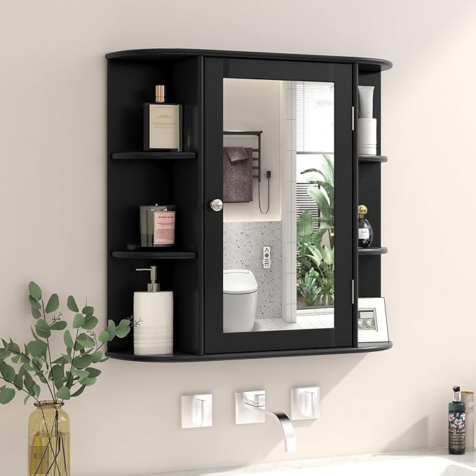 RELAX4LIFE Bathroom Wall Cabinet with Mirror - Medicine Cabinet w/Door, 6 Open Shelves & Adjustable Shelves, Over The Toilet Storage Cabinet Organizer, Mirrored Bathroom Cabinet Wall Mount (Black)