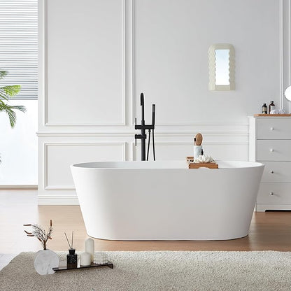 Cpingao 63" Stone Resin Freestanding Bathtub, Modern Oval Solid Surface Soaking Stand Alone Tub, Matte White, Drain & Overflow Included 8816-1600