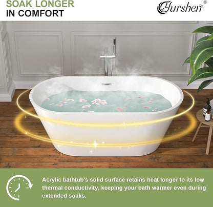59 Inch Freestanding Acrylic Bathtub White Roll Top Soaking Tub with Chrome Drain Glossy Finish for Modern Bathrooms, YSB9218
