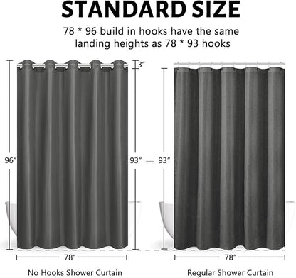 Furlinic No Hook Extra Long Shower Curtain 96 Length,Polyester Fabric Bathroom Curtain with 10 Split Plastic Built-in Hooks,Waterproof & Machine Washable,Dark Grey,78 x 96 Inch
