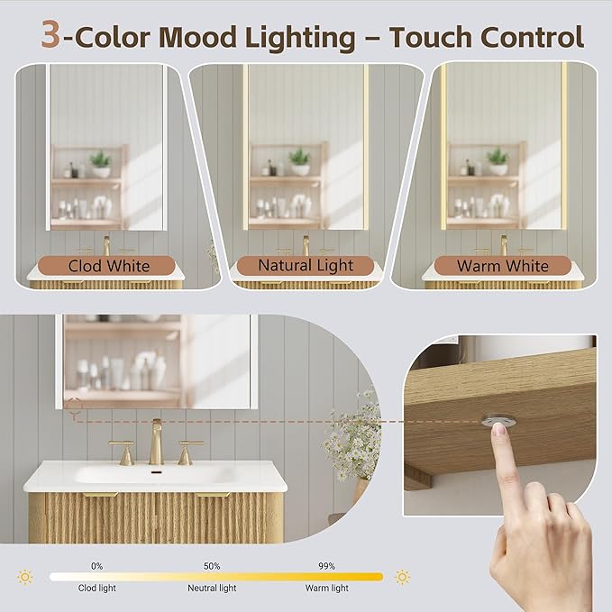 Lighted Bathroom Medicine Cabinet with Mirror，20 x 28 Inch Wall-Mounted Bathroom Wall Cabinet with Storage, LED Lights, Adjustable Shelves,Natural