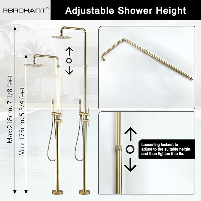 RBROHANT Freestanding Outdoor Shower Gold, Height Adjustable Stainless Steel Outdoor Showers for Backyard Garden Pool Beach, Stand Alone Outdoor Shower Hot and Cold Water, Brushed Gold, JK0456