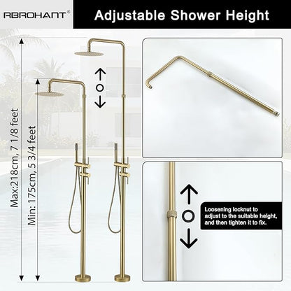 RBROHANT Freestanding Outdoor Shower Gold, Height Adjustable Stainless Steel Outdoor Showers for Backyard Garden Pool Beach, Stand Alone Outdoor Shower Hot and Cold Water, Brushed Gold, JK0456