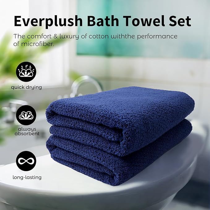 Everplush Diamond Collection Oversized Bath Towel – 2 Pieces, Super Soft & Highly Absorbent, Quick-Drying & Extra Large. Perfect for Bathroom, Pool, Swimming Use(Navy, 30" x 56" 2PK)