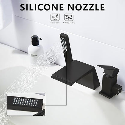 LIWEIKE Black Roman Tub Faucet with Sprayer, Deck Mount Roman Bathtub Faucet Set with Hand Shower for 3 Holes Single Handle Waterfall Tub Filler, Matte Black