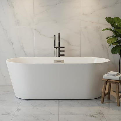Freestanding Bathtub 67 inch Acrylic Soaking Tub – Modern Oval Freestanding Tub with Chrome Drain & Overflow for Home Spa or Bathroom Relaxation
