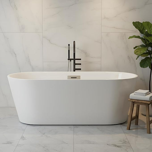 Freestanding Bathtub 67 inch Acrylic Soaking Tub – Modern Oval Freestanding Tub with Chrome Drain & Overflow for Home Spa or Bathroom Relaxation