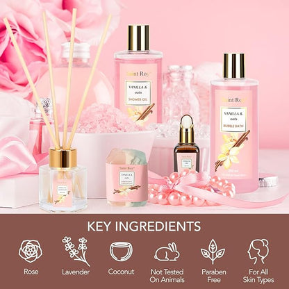 Bath and Body Gift Baskets for Women, 12 Pcs Vanilla Oat Spa Gifts for Women. Bath Gift Set Enriched Shea Butter. Home Spa with Shower Gel, Body Oil, Saint Roy Gifts for Mom