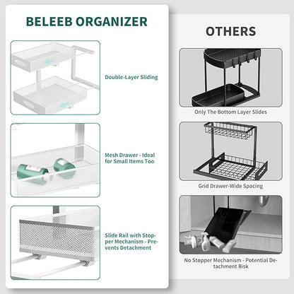 Under Sink Organizer, Extra-Wide Upgrade, 1 Pack 2 Tier Metal Slide Out Cabinet Organizer, Height Adjustable Organization and Storage Series, Bathroom/Cabinet/Kitchen organization, White