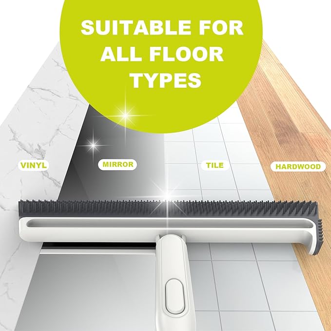 Squeegee Broom for Floor, Floor Squeegee for Concrete and Tile Cleaning, Floor Scrubber with Long Handle for Bathroom, Kitchen, Shower, Tile, Pet Hair, Fur, Foam Cleaning