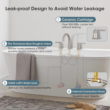 High Flow Roman Tub Faucet with Valve, Widespread Solid Brass 3 Hole Bathtub Faucet, 2 Handle Deck Mount Bath Tub Filler with Supply Water Hoses, Brushed Nickel
