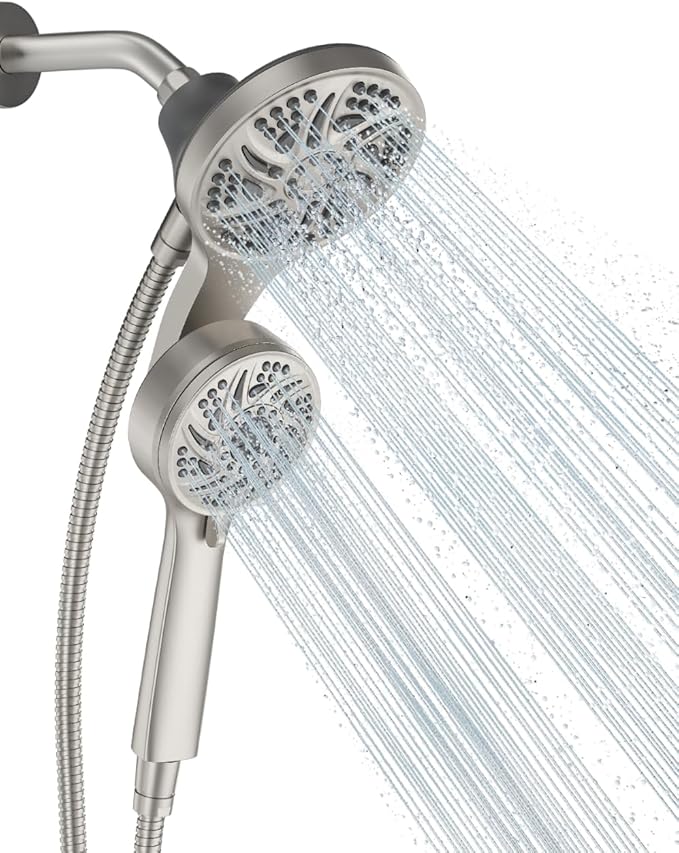 Cobbe High Pressure 3-Way Shower Head Combo, Hand Held Shower & Rain Shower Separately or Together, Dual 2 in 1 Showerhead with Stainless Steel Hose - Brushed Nickel