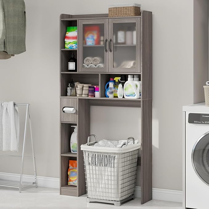 Vabches Over The Toilet Storage Cabinet, Farmhouse Storage Cabinet Over Toilet with Acrylic Doors，Home Space-Saving Toilet Rack, for Bathroom, Restroom, Laundry(Grey