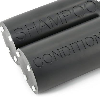 2-Pack Matte Black Resin Refillable Shampoo & Conditioner Bottles – Modern Bathroom Pump Dispenser Set, Durable Resin Shower Containers with Embossed Labels, Reusable Pump Bottle