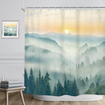 Riyidecor Extra Long Mountain Shower Curtain 72Wx78H Inch Green Yellow Sunset Sunrise Misty Scenery Landscape Nature Woodland Greenery View Bathroom Decor Fabric Polyester Waterproof 12 Pack Hooks